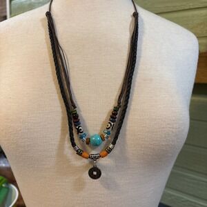 Boho Layered Cord‎ Necklace Faux Turquoise Wood Beads Chinese Coin Pendant